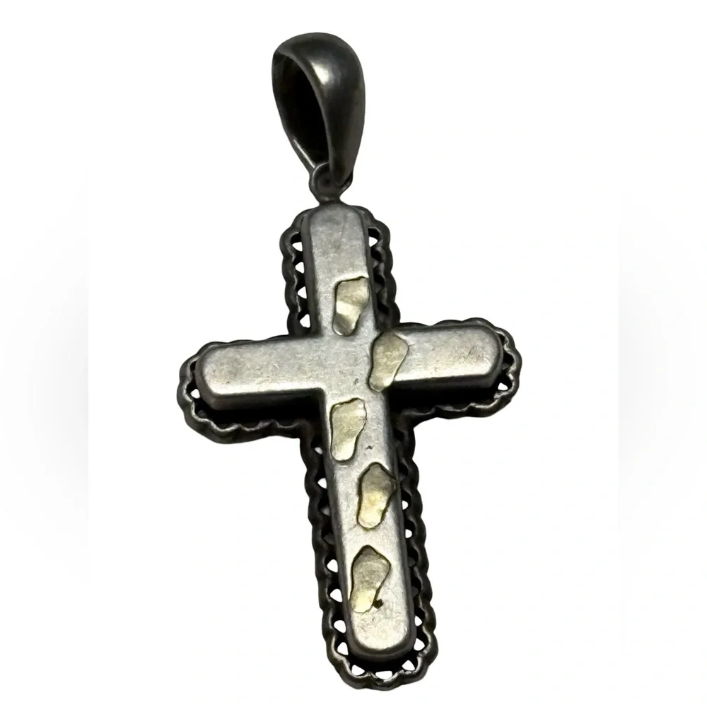 14k Gold & Sterling Silver JCM 3 Dimensional Footsteps Cross Religious Pendant